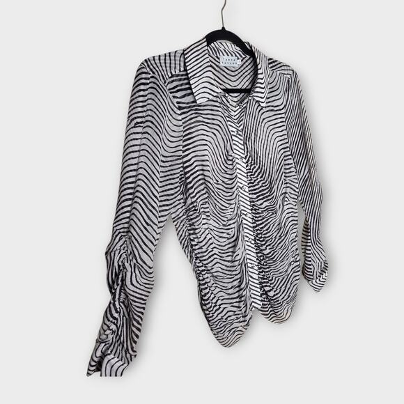 Tanya Taylor Women's Ryann Zebra Print Blouse Large Silk Semi-Sheer Animal - Picture 3 of 8